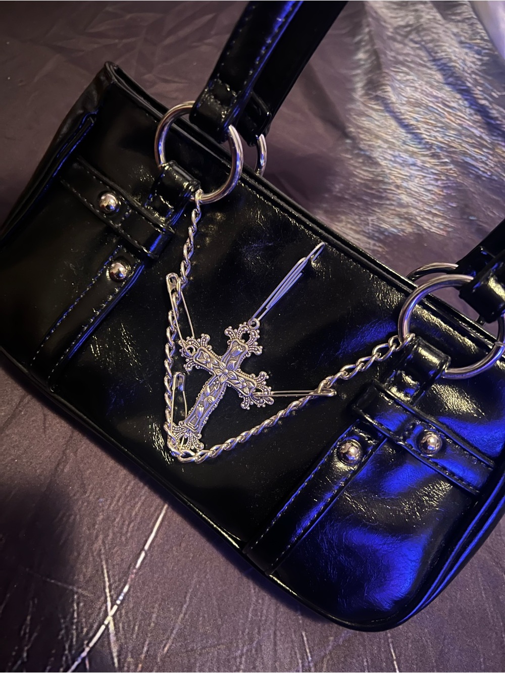 Black Patent Chain-Accent Shoulder Bag